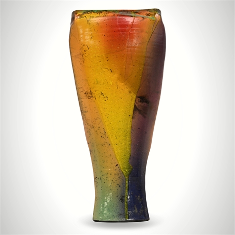 Roger Calhoun Signed Raku Ceramic Vase — Multicolor Metallic Glaze