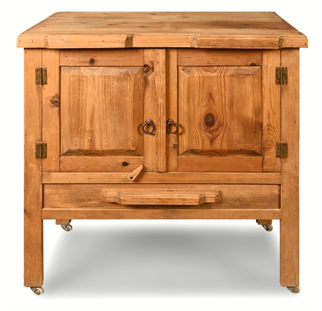 Rustic Solid Pine Cabinet on Casters — Paneled Doors & Drawer