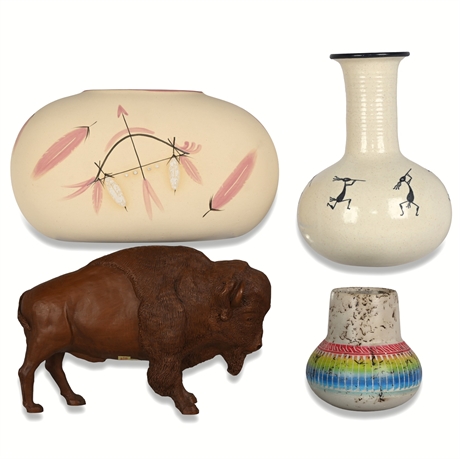 Signed Native American Pottery Collection with Buffalo Figurine