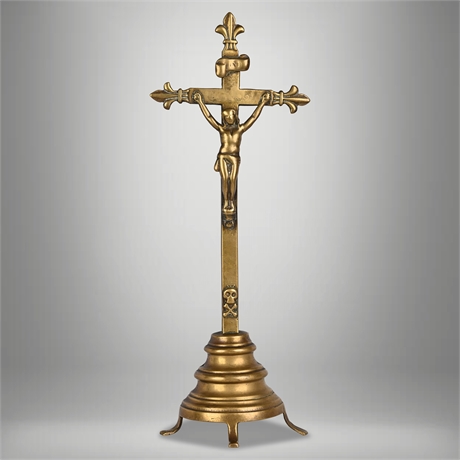 Antique French Cast Brass Standing Crucifix with Memento Mori