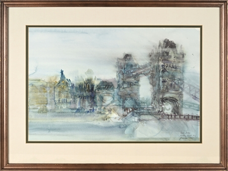 Peter Curran 1987 Watercolor ‘Tower Bridge’, London, Framed