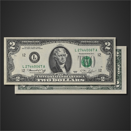 1976 $2 Federal Reserve Note – San Francisco “L12” – Bicentennial Reverse