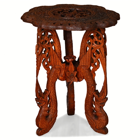 Hand-Carved Burmese Teak Table with Naga Serpent Legs, Early 20th Century