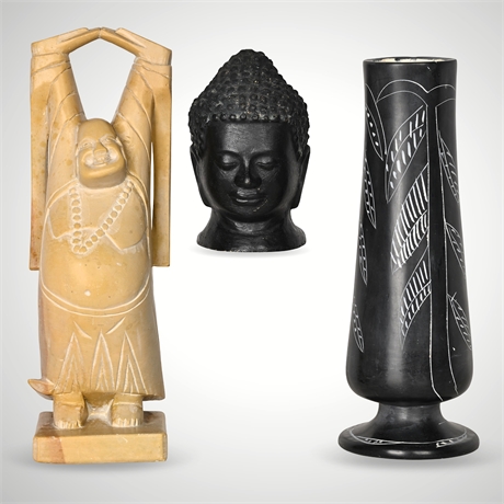 Soapstone Happy Buddha & Carved Vase + Bronze Buddha Head