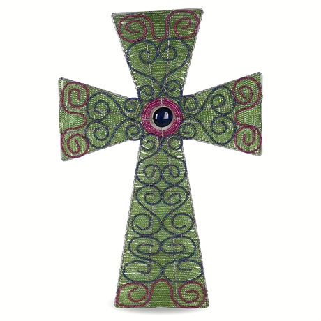 19" Artisan Glass Beaded Cross with Spiraling Motifs