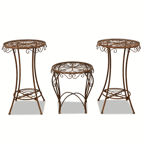 Set of 3 Vintage Wrought Iron Side Tables or Plant Stands – Rustic Scroll Design