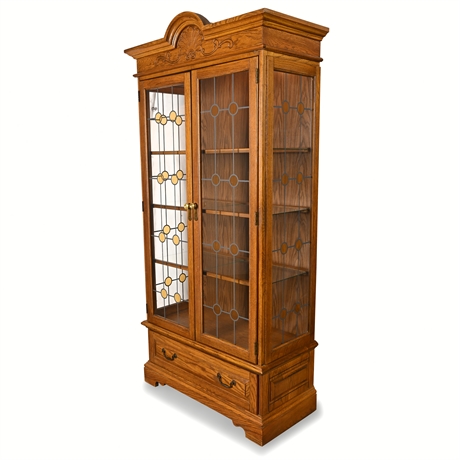 Bassett Lighted Oak Curio Cabinet — Faux Leaded Glass, 78" Tall