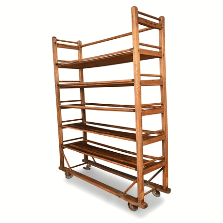 Early 20th C. Oak & Steel Baker’s Rack on Casters – 5-Tier Industrial