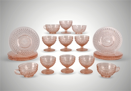 Vintage Hobnail Pink Depression Glass Set – 20 Pcs Plates, Cups & Footed Sherbet