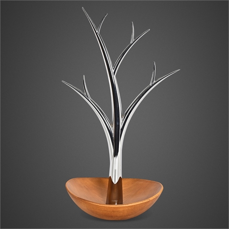 Nambé Polished Alloy & Wood "Tree" Jewelry Stand with Catch Bowl