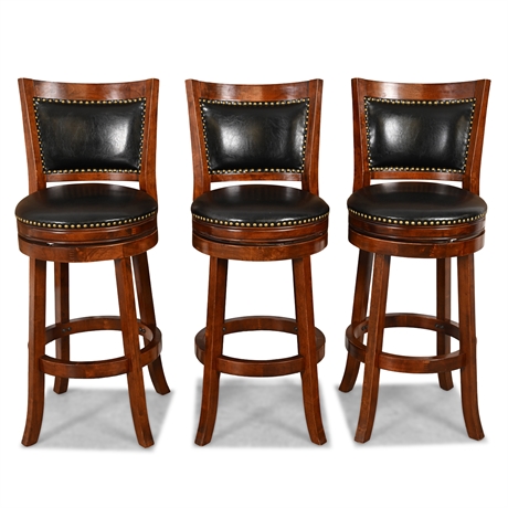 Set of 3 Wood & Leather Swivel Bar Stools w/ Nailhead Trim