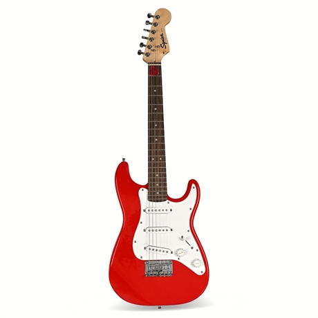 Squier Mini Stratocaster by Fender Electric Guitar Red + Fender Strap