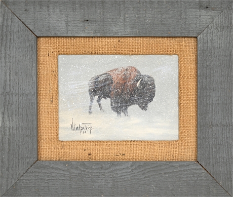 Buffalo in Snow Storm – Virginia Kirkpatrick Oil Painting, 1981