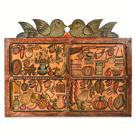 Mexican Folk Art Oil Painting on Reclaimed Window Panel, ca. 1980