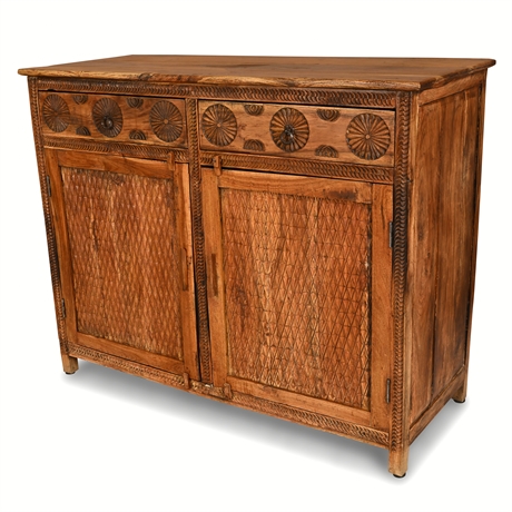 Carved Mango Wood Sideboard — Diamond Doors, Sunburst Rosette Pulls