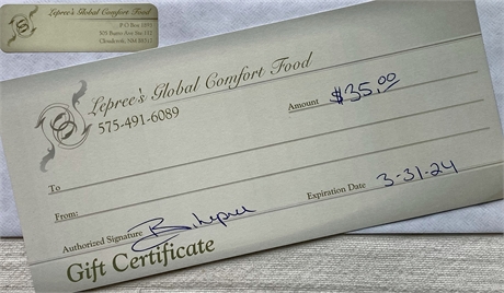 $35 Gift Certificate, Lepree's Global Comfort Foods, Cloudcroft, NM