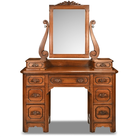 Vintage Walnut Vanity by Davis Cabinet with Chair