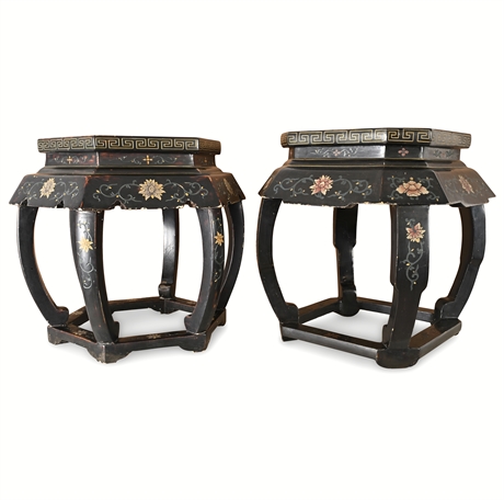 Pair Chinese Coromandel Style Black Lacquer Stands — Floral & Bird Motif