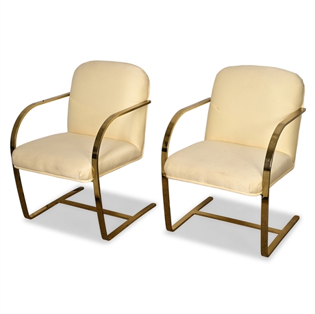 Pair of Brno Style Gold Tone Flat Bar Cantilever Chairs