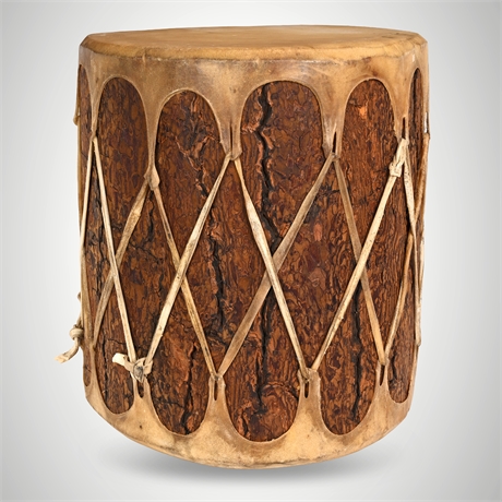 Taos Pueblo Log Drum — Bark-On Cottonwood, Rawhide Heads, Bold Sound