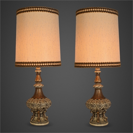 Pair of Hollywood Regency Carved Plaster Table Lamps with Original Shades