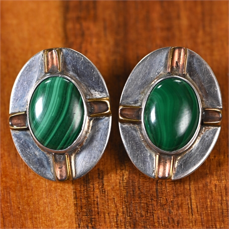 Sterling Silver & Malachite Earrings with Copper Accent