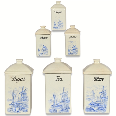 A.E. Hull Pottery Kitchen Canisters Delft Windmill & Ship Scene 1930s