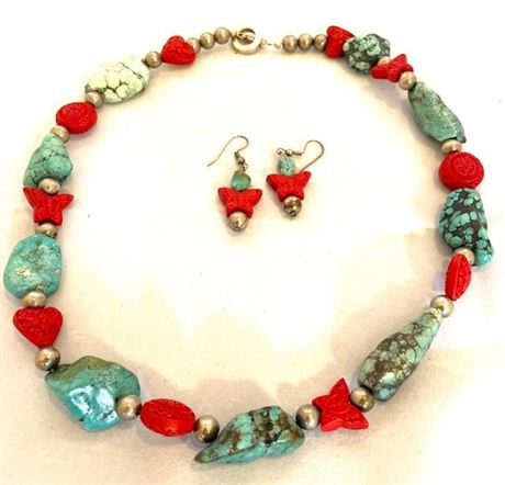 Turquoise and Red Butterfly Necklace with Earrings