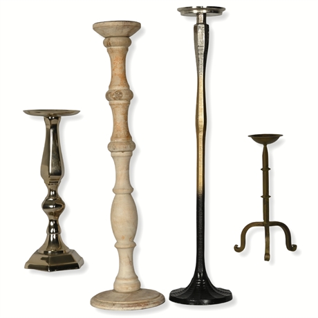 Eclectic Set of 4 Decorative Candlesticks – Wood, Metal, and Brass