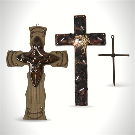 Decorative Mixed-Media Wall Cross Set — Ceramic, Resin & Iron Designs