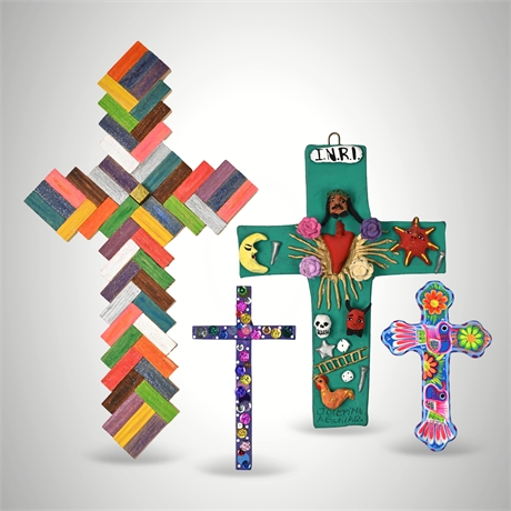 Josefina Aguilar Signed Fired Clay Cross with Trio of Colorful Folk Art Crosses