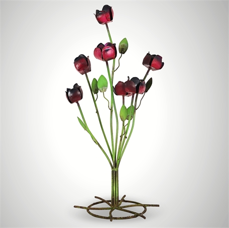 Handcrafted Iron Rose Garden Sculpture — Winter Bloom in Deep Red