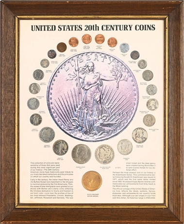 U.S. 20th Century Coin Type Set Display with Silver Coins & Moon Medal