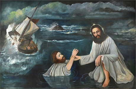 Linda Mason Lyle — "Christ & Peter on the Water" Oil on Canvas, 1996