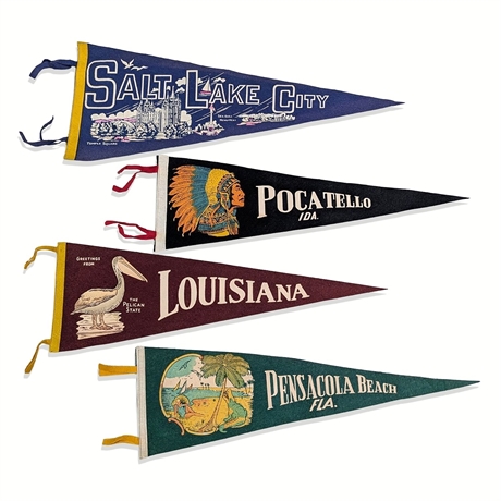 Felt Souvenir Pennant Set of 4 — Salt Lake City, Pocatello, Louisiana, Pensacola