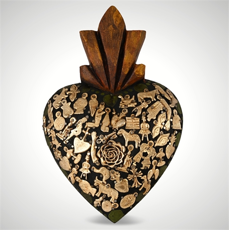 Mexican Sacred Heart Folk Art — Hand Carved & Painted w/ 50 Milagros