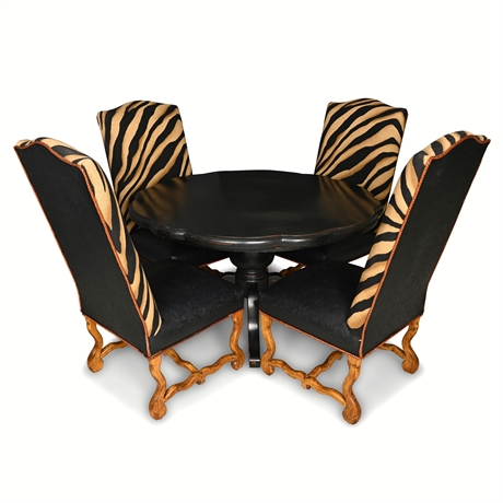 Zebra Print Dining Set — 4 Os-de-Mouton Chairs & Black Pedestal Table