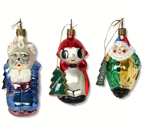 Set of 3 Whitehurst Blown Glass Ornaments - Ladybug, Clown, Kitten