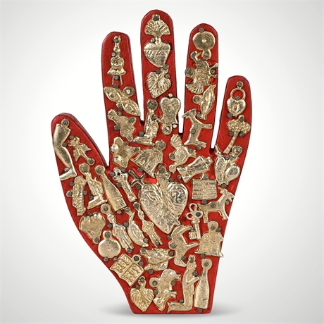 Mexican Folk Art Carved Milagro Hand with 41 Charms