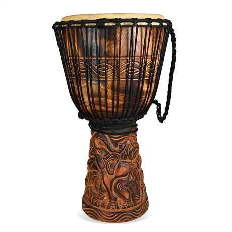 Hand-Carved Elephant Djembe Drum with Woven Cover