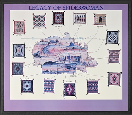 Legacy of Spiderwoman Navajo Weaving Map Poster, 1991, Framed