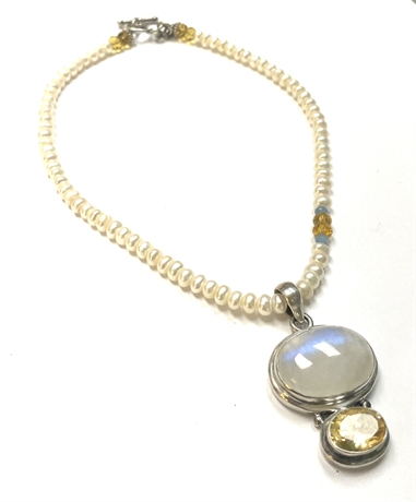 Sterling Silver Statement Pearl Necklace with Yellow and White Stones