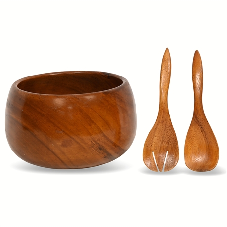 Vintage Handcrafted Walnut Turned Salad Bowl Set with Matching Utensils