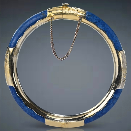 Vintage Lapis Lazuli 14K Gold Bangle Hinged Bracelet
