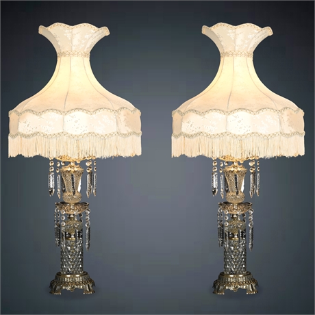 Pair of 46" Hollywood Regency Crystal & Brass Table Lamps with Silk Shades