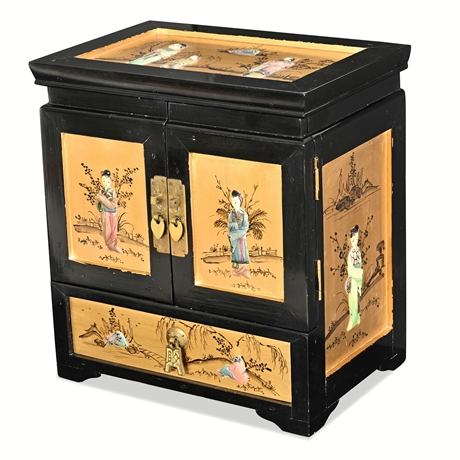 Chinese Black Lacquer & Gilt Chinoiserie Jewelry Chest with Carved Soapstone