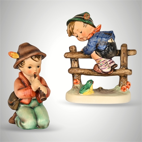 Pair of Goebel Hummel Figurines – “Out of Danger” & “Boy with Flute,” W. Germany