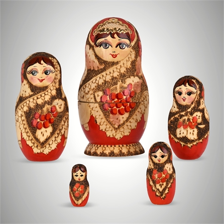 Hand-Burned & Hand-Painted Russian Matryoshka Nesting Dolls, Set of 5