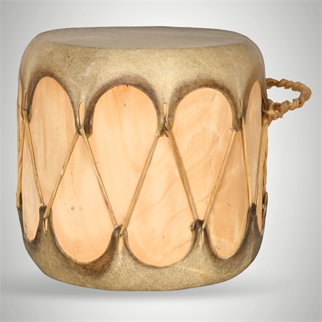Taos Pueblo–Style Rawhide Drum w/ Handle, Wood Body, 9 x 11 in