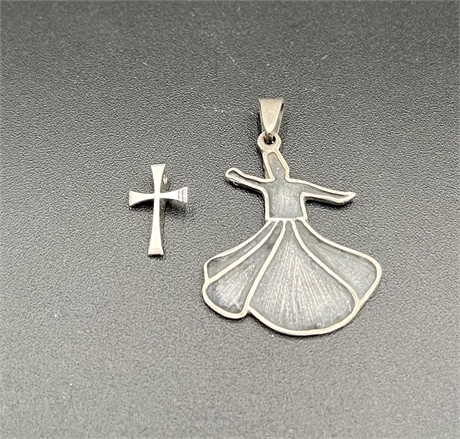 STERLING SILVER CROSS AND SILVER PLATE DANCER PENDANT